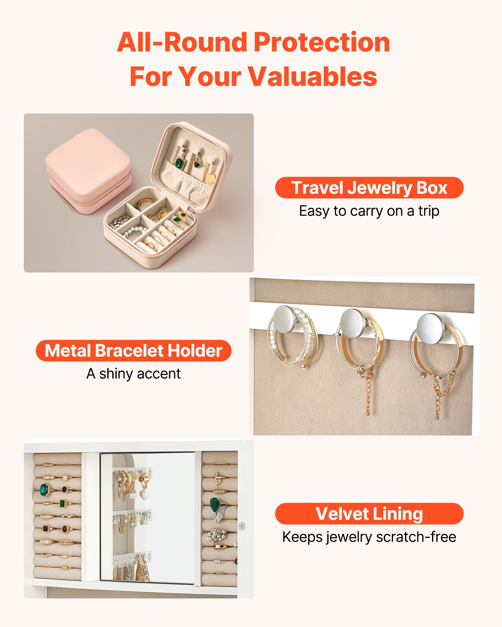 Armoire à Bijoux avec Miroir VEVOR 1080 mm, Organiseur Verrouillable Mural/Sur Porte avec 2 Clés & Compartiments de Rangement, Blanc - 4