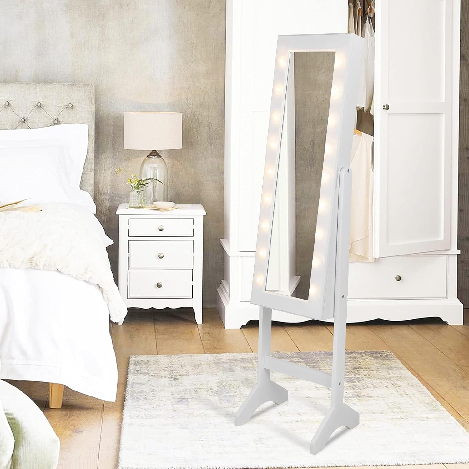 Armoire a Bijoux sur Pied,Rangemen avec Miroir Plein Longueur & Lumieres LED sur le Miroir, Autoportante Verrouillable avec Crochet de Collier(Blanc) - 8