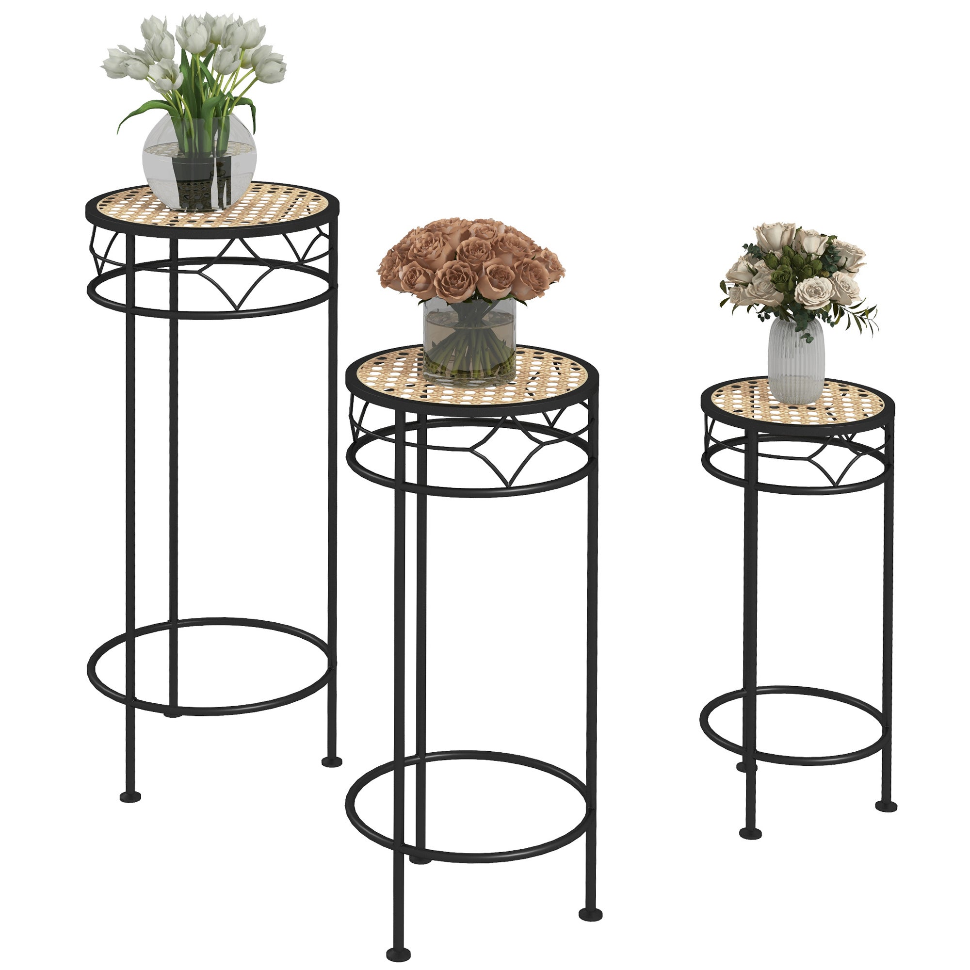 Lot de 3 supports pot de fleurs supports pour plantes ronds étagère à fleurs empilables - plateaux aspect rotin - 2