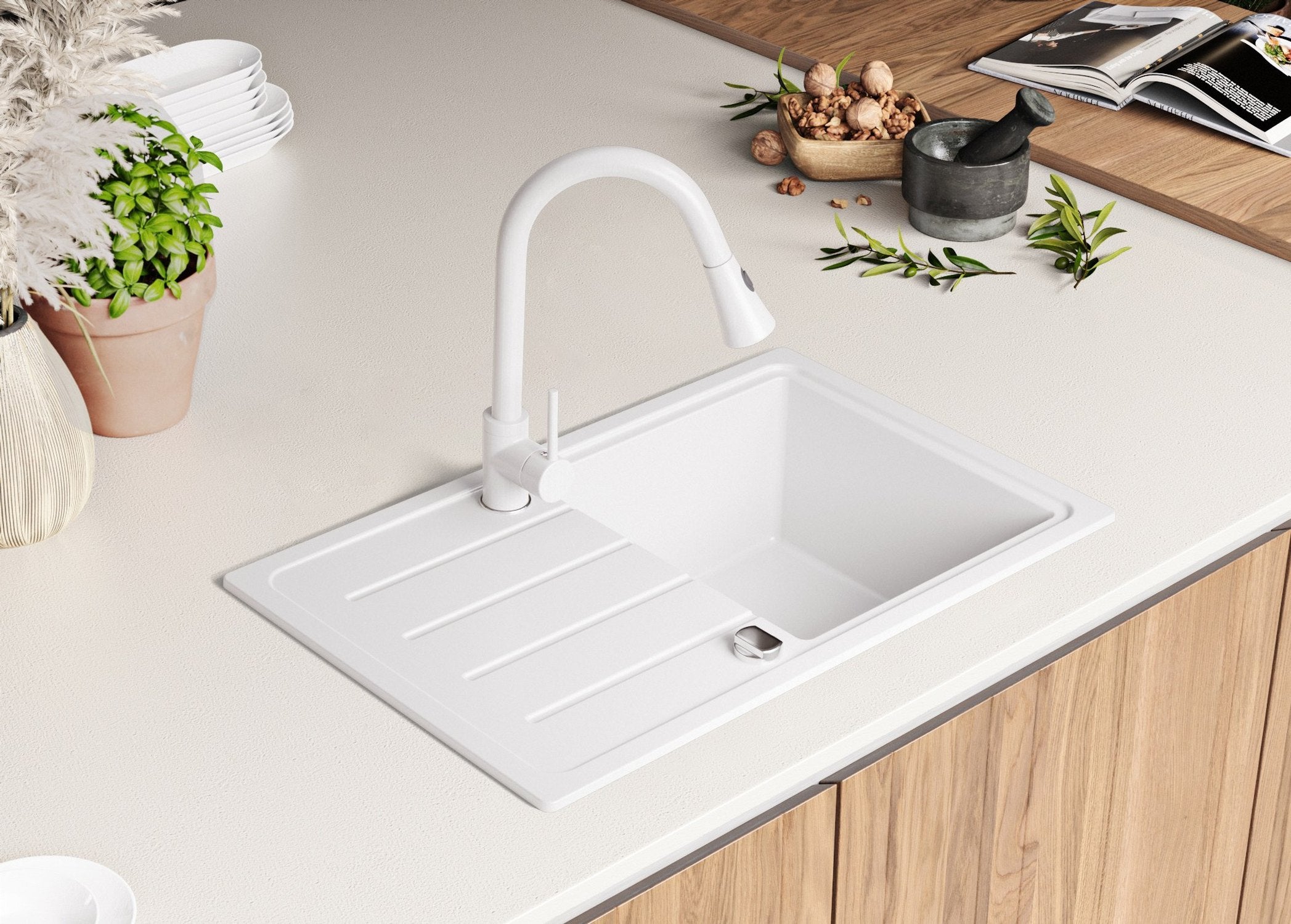 Evier Cuisine en Granit Blanc 70x44cm, Lavabo 1 bac + Kit de Vidage, Évier à Encastrer au meuble 45cm - Copenhague Easy PRIMAGRAN - 4