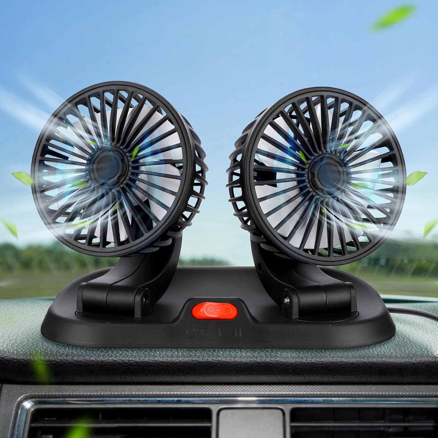 Dwugłowicowy wentylator samochodowy, obrotowy o 360°, wydajny, cichy, 2-biegowy, przenośny wentylator USB z cyfrowym wentylatorem biurkowym do samocho