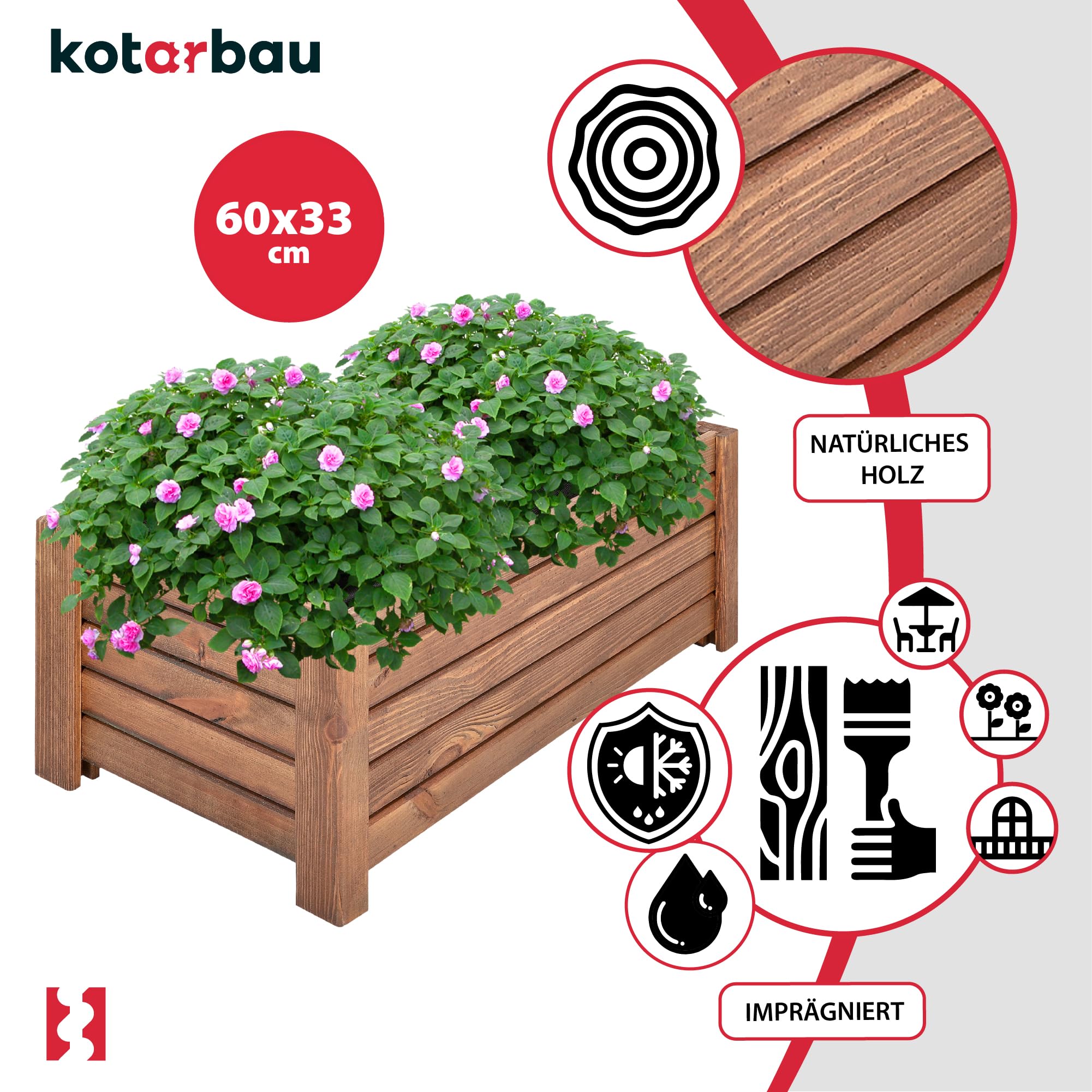 Pot de Fleurs en Bois 60 x 33 x 25 cm Jardinière en Pin Carbonisé Pot de Plantes Jardinière - Idéal pour Jardin Terrasse Balcon - Marron - KOTARBAU - 4