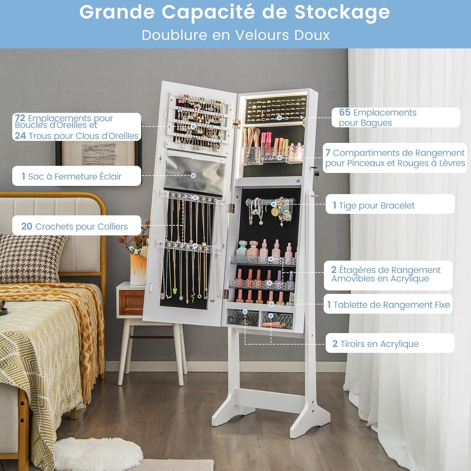 Armoire à Bijoux avec Miroir, Armoire de Rangement sur Pied pour Boucles d'Oreilles, Organisateur de Bijoux Verrouillable avec Lumières(Blanc) - 3