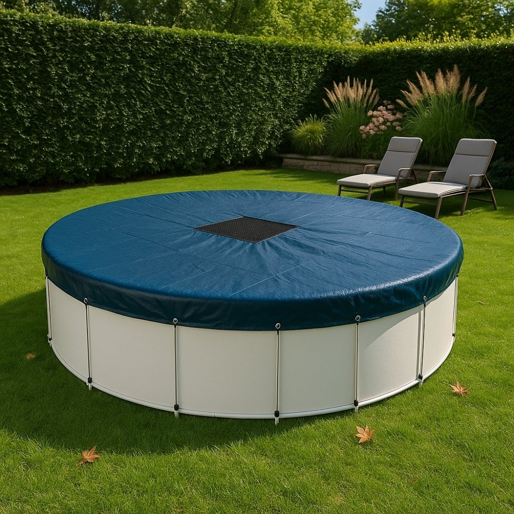 Bâche Piscine Ronde 6.2 m, 140 g/m² - Bache Hivernage Piscine Hors Sol - Filet d'Écoulement 35 x 35 cm, Cordon de Serrage - Pour piscine 5.40 m - Bleu - 3