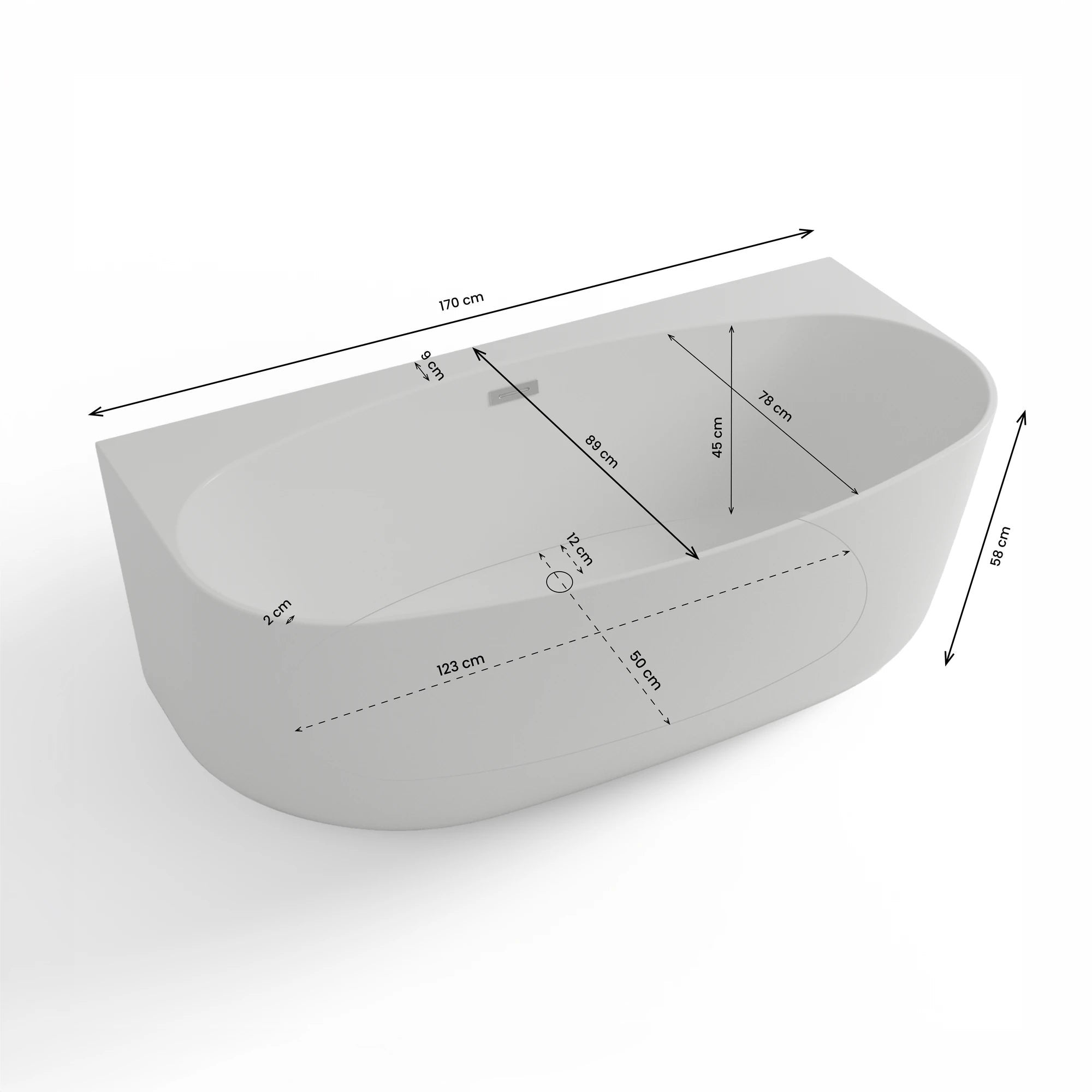 Baignoire Semi-îlot Murale Magic 170 Blanche 170 X88 X58 Cm, By Spalina - 4