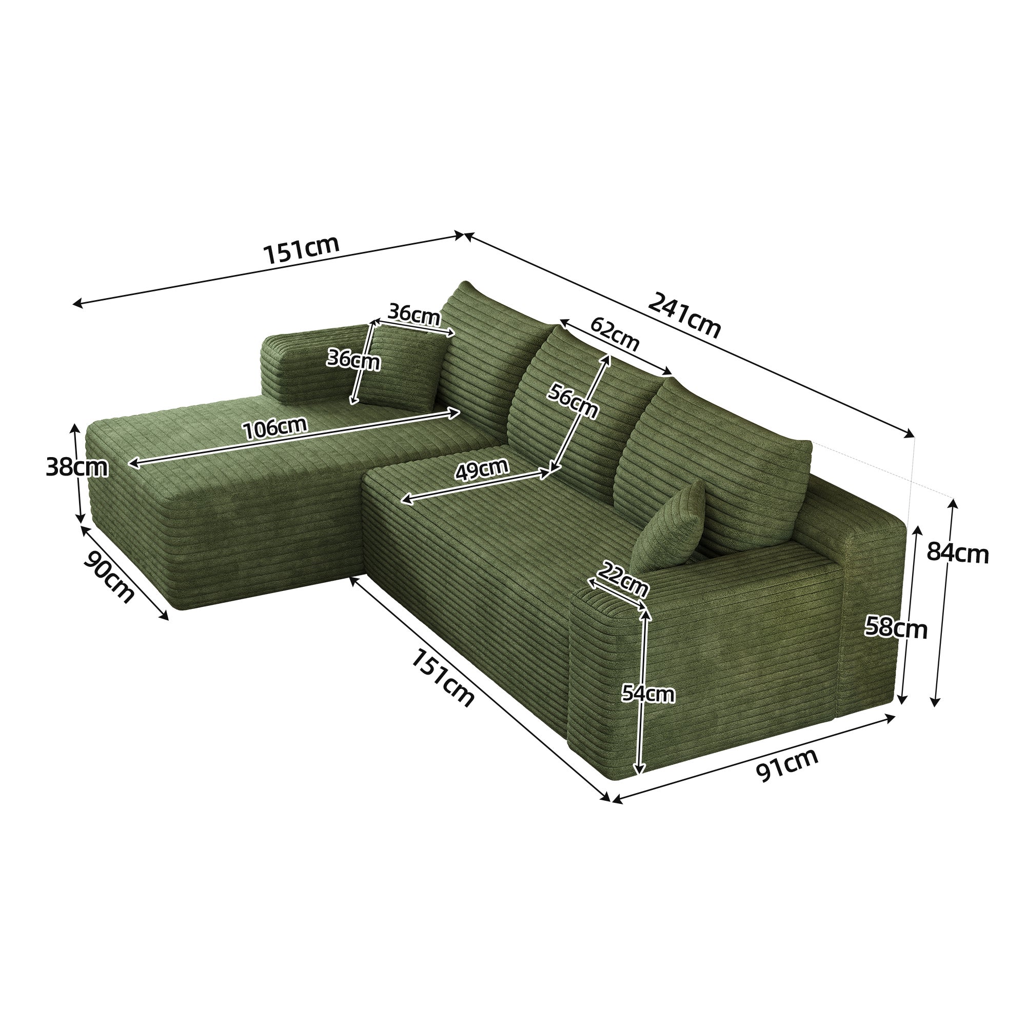 Canapé Modulaire compresse 241x151x58cm avec coussin, Canapé d'Angle Côté gauche Velours Côtelé avec méridienne, Assise Profonde,Canapé 3 Places Vert - 9