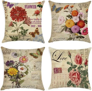 Fukeen Set Di 4 Federe Per Cuscini 45x45 Cm - Misto Lino E Cotone Con Stampa Palma Di Cocco, Retro In Tinta Unita