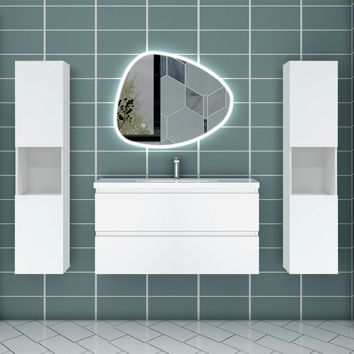Mueble Con Lavabo De Baño AICA - Medidas 50x38,5x52 Cm, Dos Cajones, Color Blanco, Montaje En Pared, Sin Grifo Ni Sifón