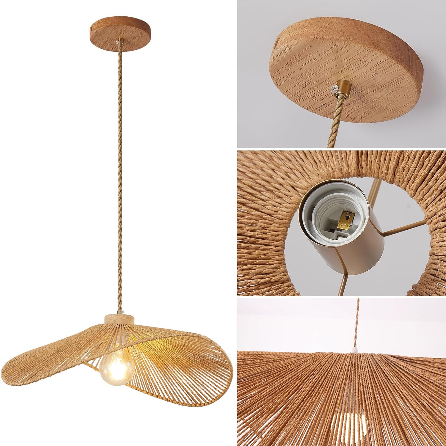Suspension bohème, lustre en corde de chanvre tressée à la main, lampe suspendue de style wabi-sabi, plafonnier avec ampoule, lumière chaude, φ40cm - 6