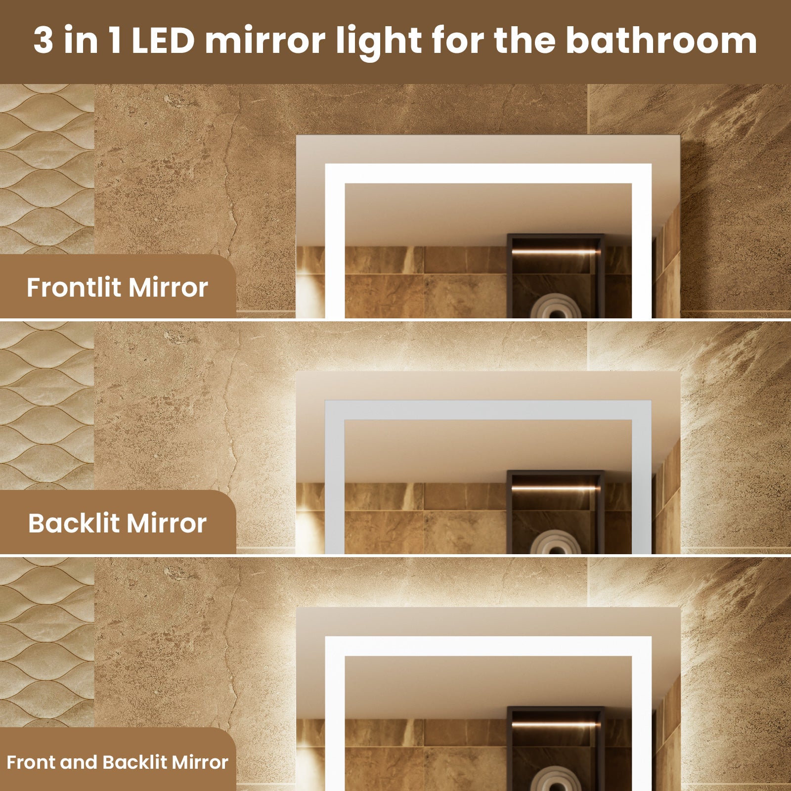 Espejo con Sensor LED, Espejo de Tocador de Inducción, Iluminación Regulable, IP64, Vertical/Horizontal para Baño (80x60cm), Plateado - 2