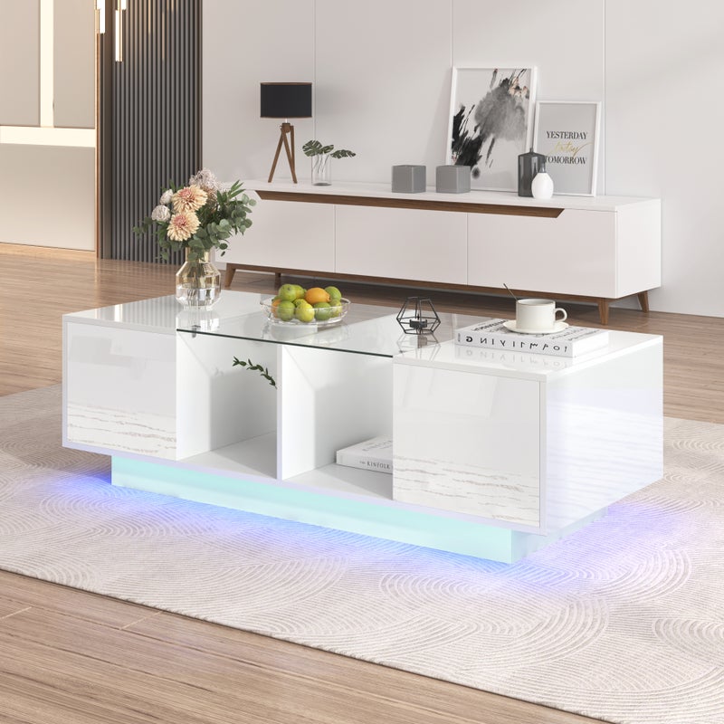 Stolik kawowy z połyskiem, 2 drzwiami, szklaną półką, diodami LED, płyta wiórowa, kolor biały