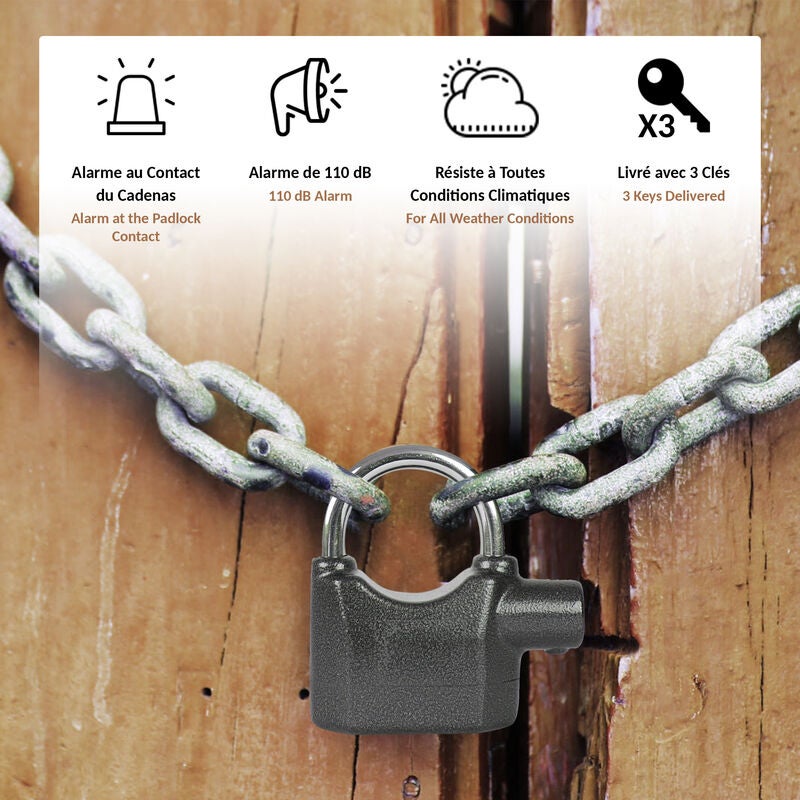 Cadenas Alarme de Securite 110 db 3 Cles inclus Antivol a Capteurs de Vibrations et Mouvements en Acier Trempé - 3