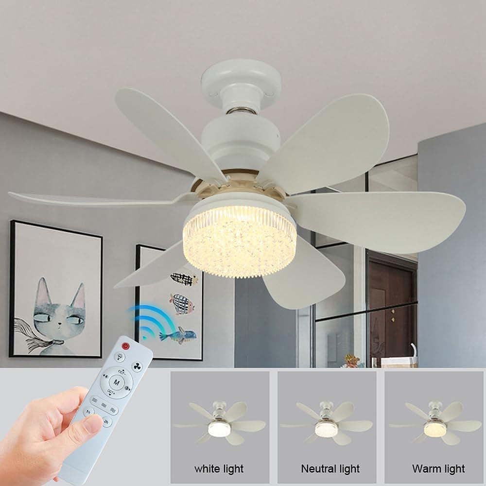 Wentylator LED E27 biały z pilotem, 3 prędkości i regulowane światło, cichy plafon do sypialni, kuchni, jadalni