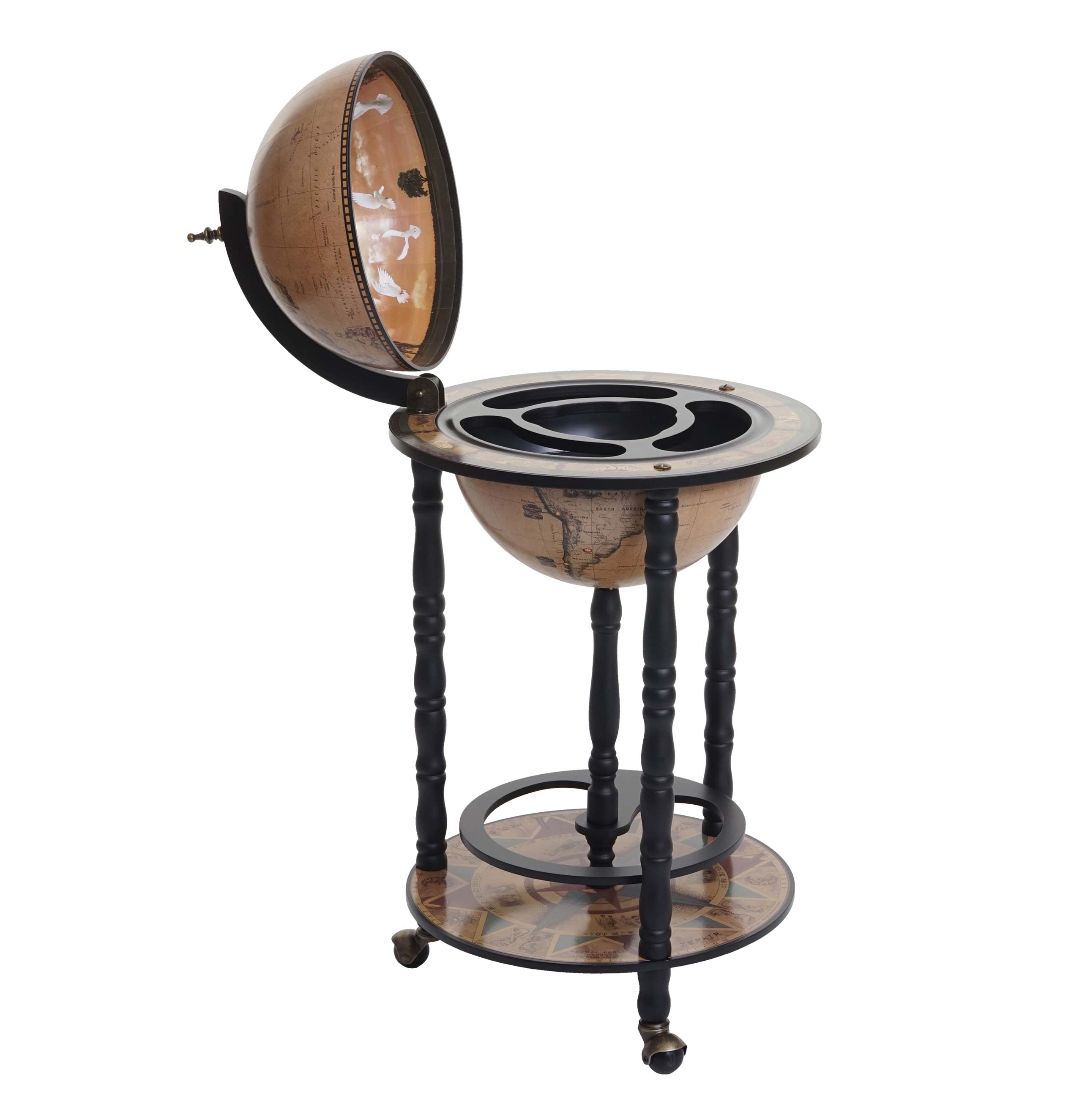 Globe bar HWC-D83, minibar domowy stojak na wino, globus Ø 33cm zwijany drewno eukaliptusowe MVG ~ czarny