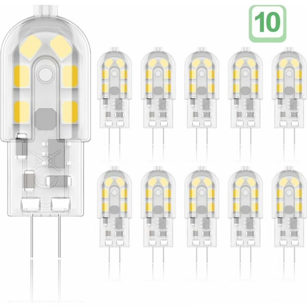 Żarówka LED G4 2 W, odpowiednik halogenu 20 W, ciepła biel 3000 K, 200 lm, 12 diod SMD, 12 V AC/DC – opakowanie 10 sztuk [klasa energetyczna A+]