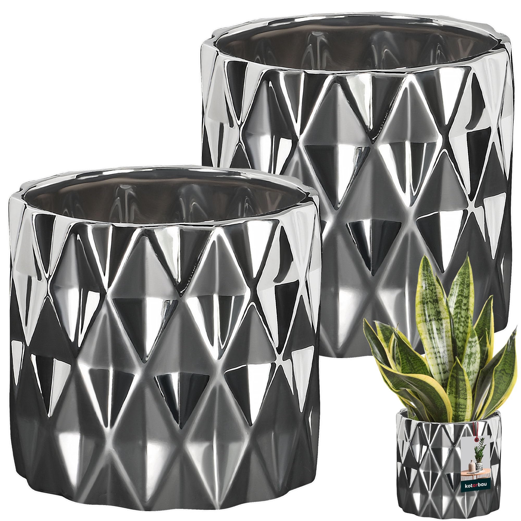 Zestaw 2-doniczki osłonki ceramiczne cylinder srebrne ⌀12 cm - KOTARBAU