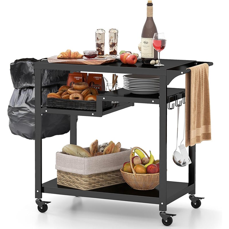 Wózek Ogrodowy, Wózek do Grilla z 4 Blokowanymi Kółkami, Patelnia z 4 Haczykami i Regały, 111 x 50,5 x 93 cm, Nośność 50 kg