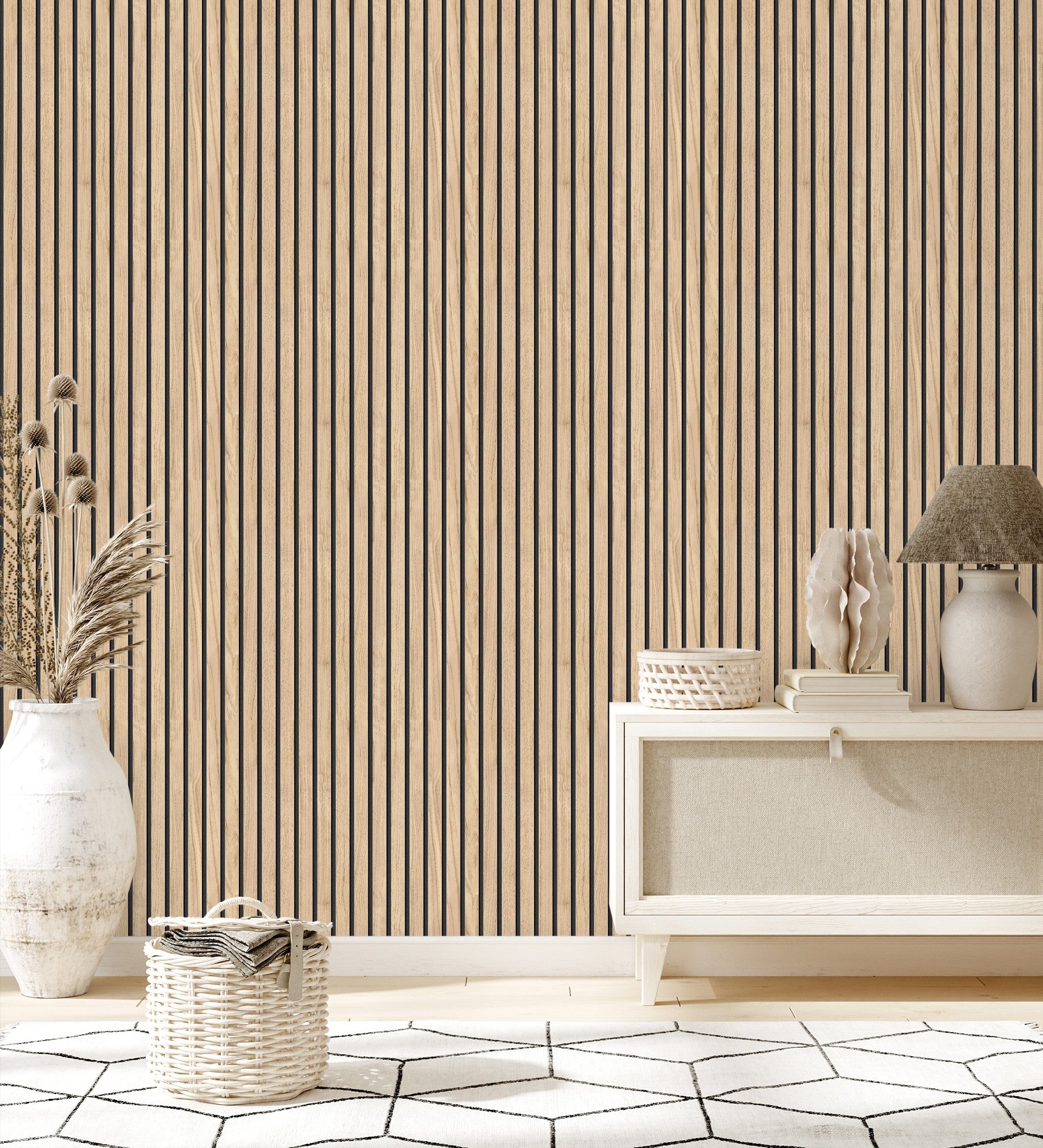 Papel pintado de listones de madera natural imitando a panel de palillería decorativo - oak orbit 682815 de gaulan - rollo de 10 m x 0,53 m
