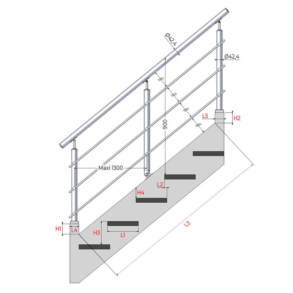Kit Réno pour garde-corps d'escalier - sur-mesure - 3 poteaux - Main courante inox Ø42,4 mm + embout inox - 3 barres Ø12 mm sur supports transversaux - 2