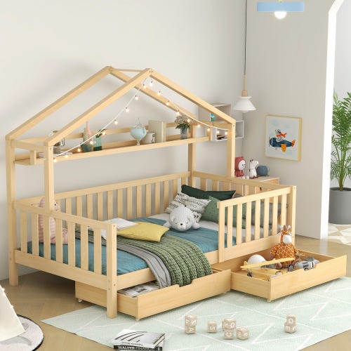Letto a soppalco per bambini 90 x 200 cm con cassetti e scrivania - Legno di pino - Rete a doghe Letto a soppalco per bambini 90 x 200 cm con cassetti e scrivania - Legno di pino - Rete a doghe