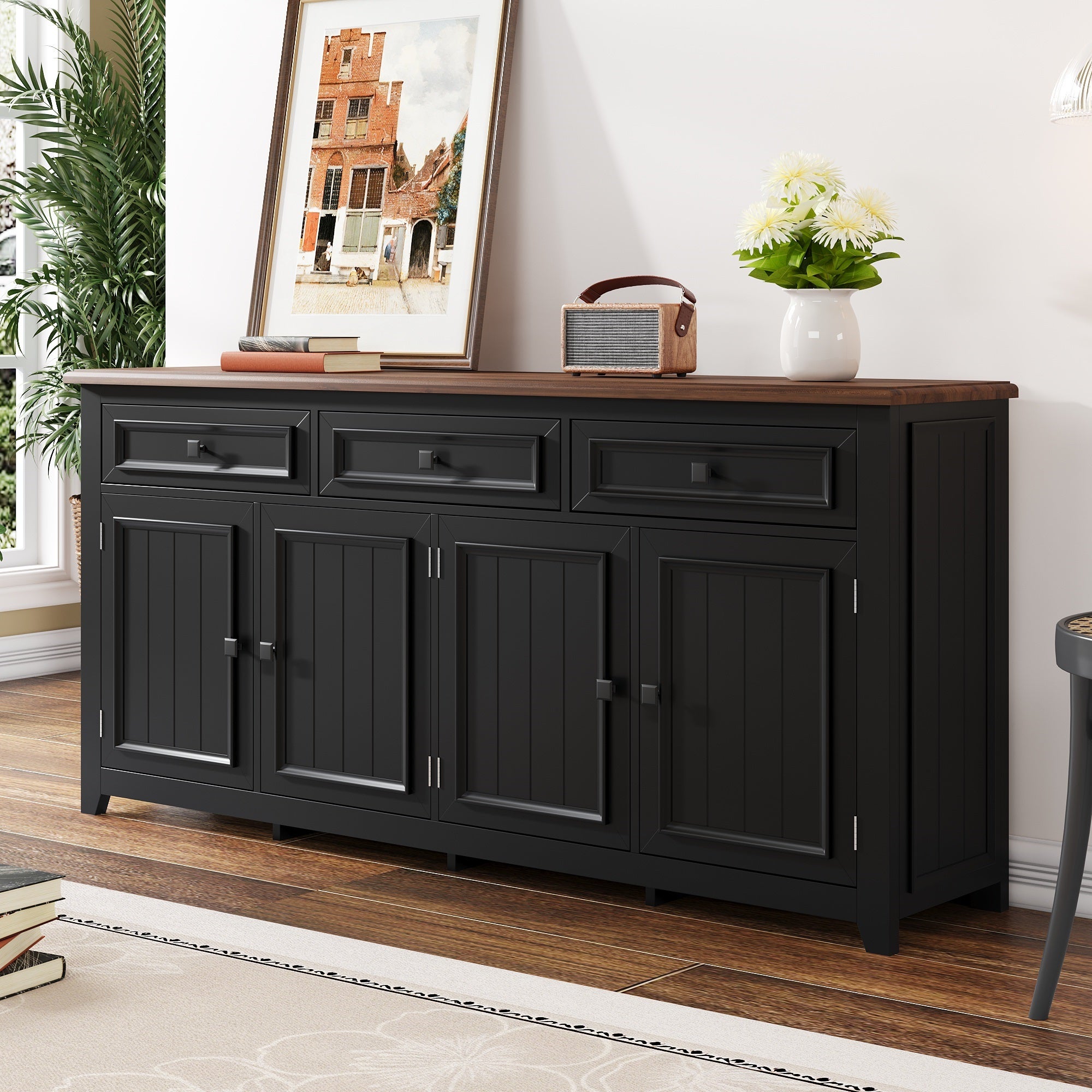 Nowoczesna komoda z 3 drzwiami i 2 szufladami - 160 x 35 x 76 cm - MDF - do salonu, kuchni - czarna - 7