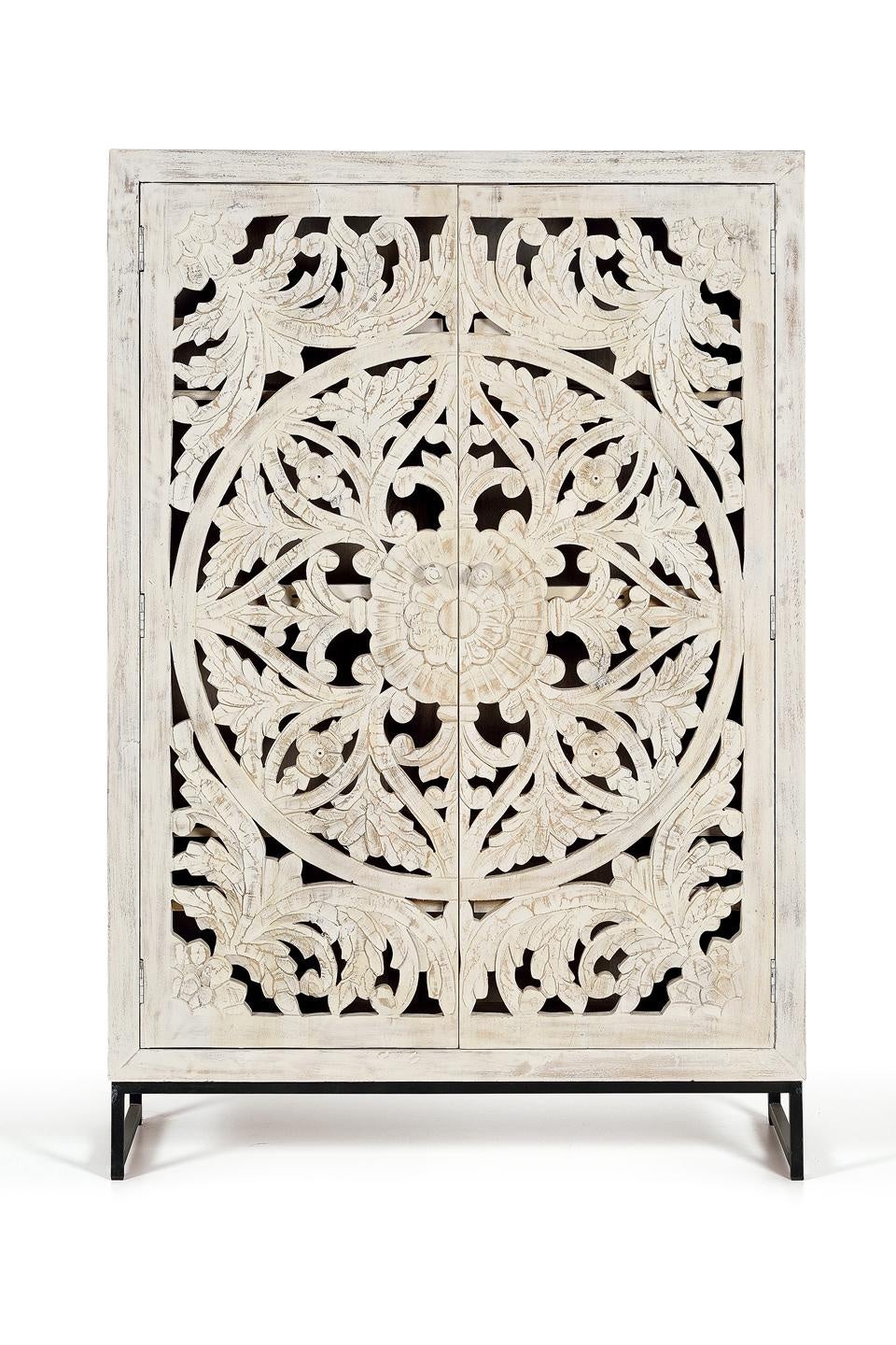 Szafka z drewna mango 110 cm, styl etniczny boho, rzeźbiona, 160x110x40 GYC