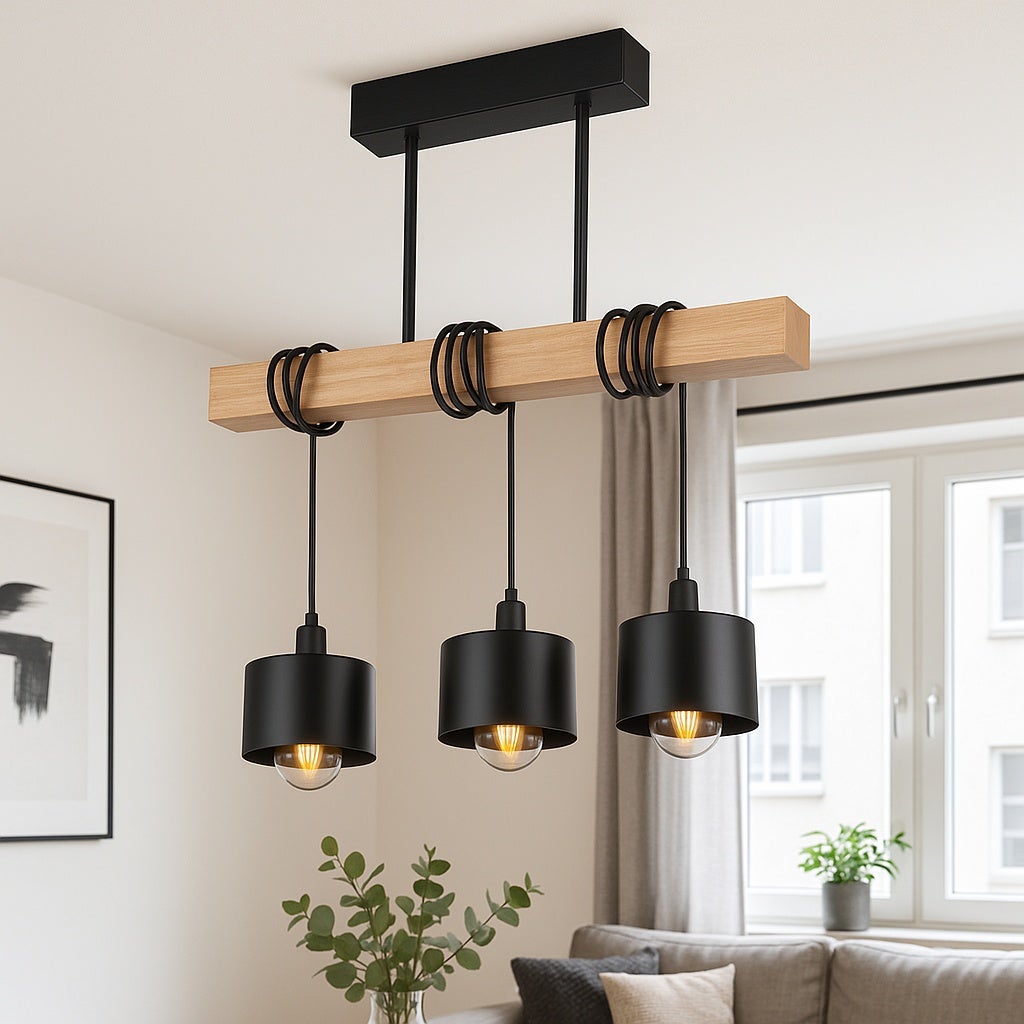 Lampa wisząca żyrandol Elza E27 3-punktowa 167 cm IP20 czarna drewno dąb MasterLED - 2