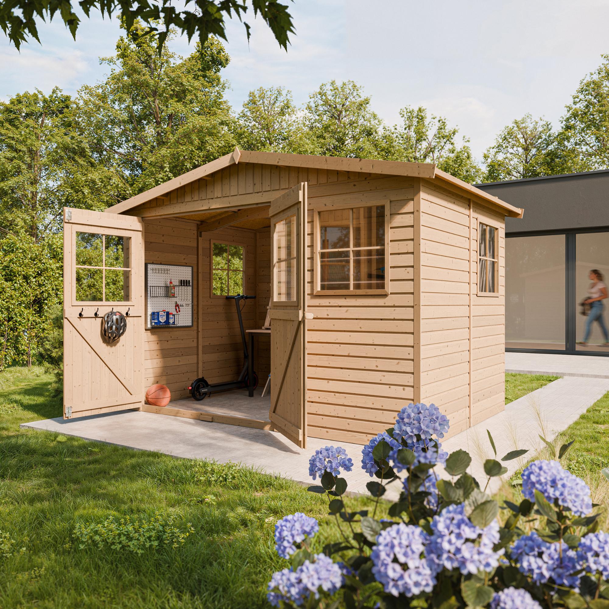 Abri de Jardin en Bois Naturel - Stockage extérieur avec fenêtres- H226x318x220 cm/6 m² hangar en bois naturel - Timbela M334 - 5