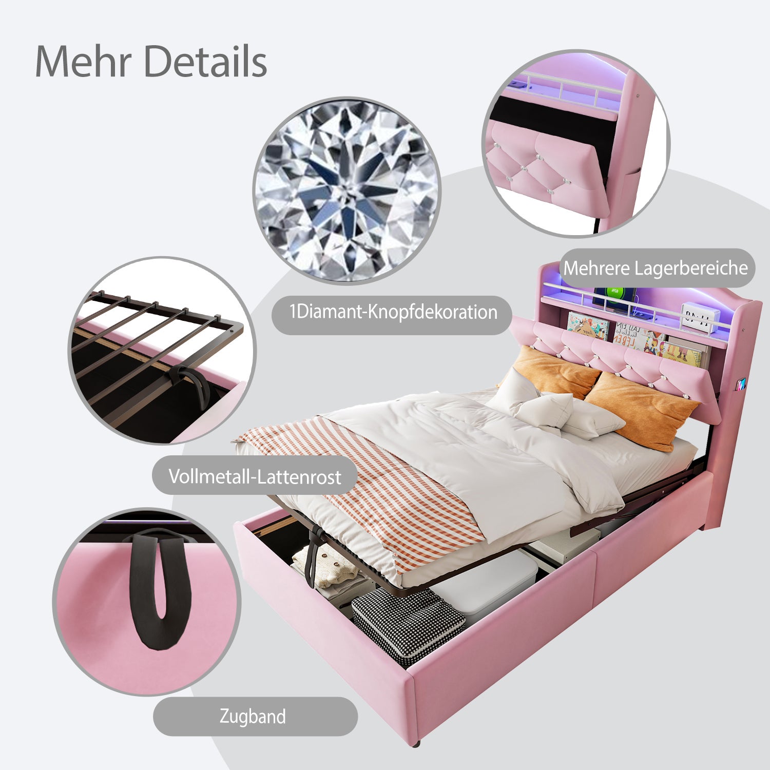Lit rembourré 90x200 cm,Lit Enfant avec lumière LED et USB,avec Espace de Rangement,Lit Simple multifonctionnel,Velours,Rose (Matelas Non Inclus) - 8