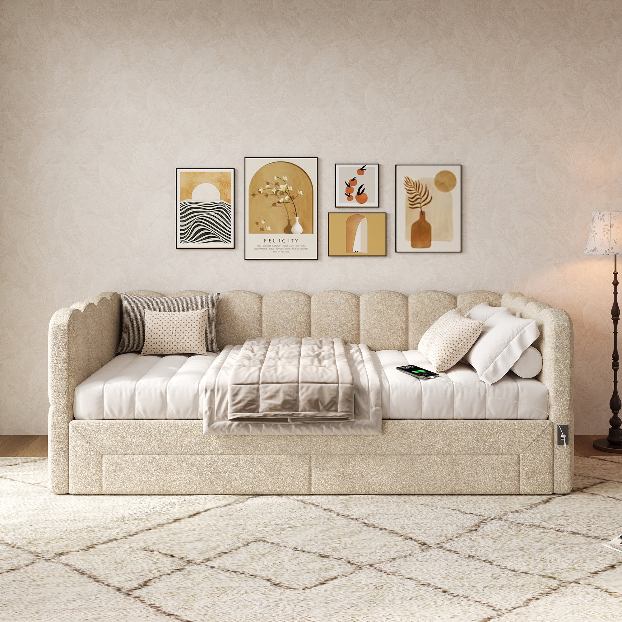 Łóżko wysuwane 90/180 x 190 cm z 2 szufladami, sofa rozkładana - tkanina szenilowa - port USB - beżowy (materac nie jest wliczony w cenę) - 3