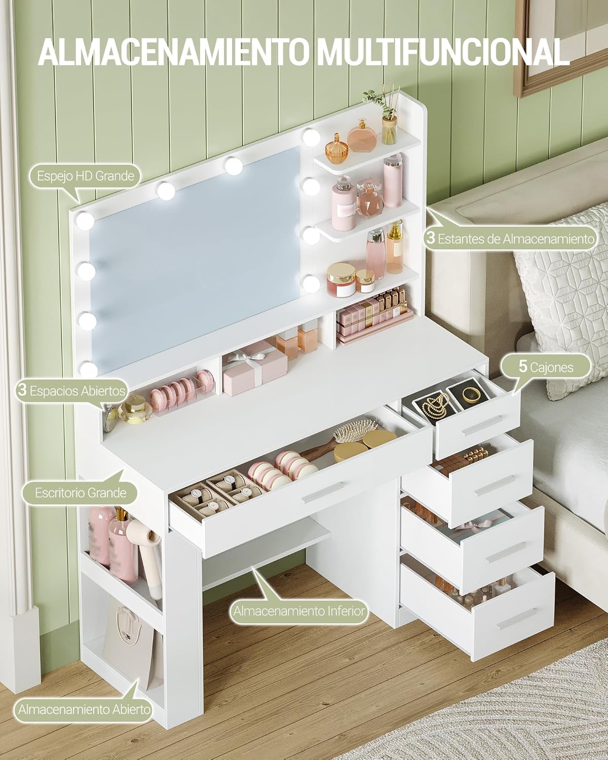 108 cm Coiffeuse avec Grand Miroir HD, Éclairage LED, 6 Compartiments Ouverts, 5 Tiroirs Et Rangement Latéral Ouvert, Simple, Blanc - 4