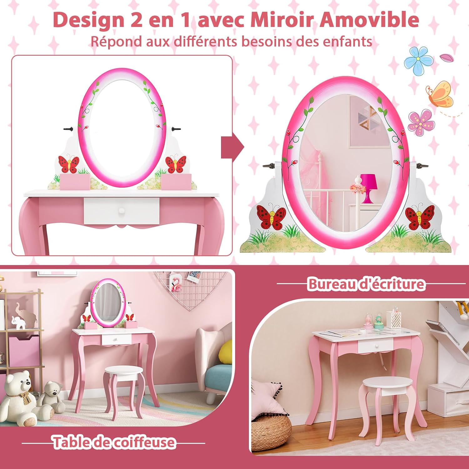 Toeletta Per Bambina COSTWAY 2 In 1 - Con Specchio, Sgabello E Cassetto, Legno, Rosa E Bianco, 70x34x101 Cm - Foto 5