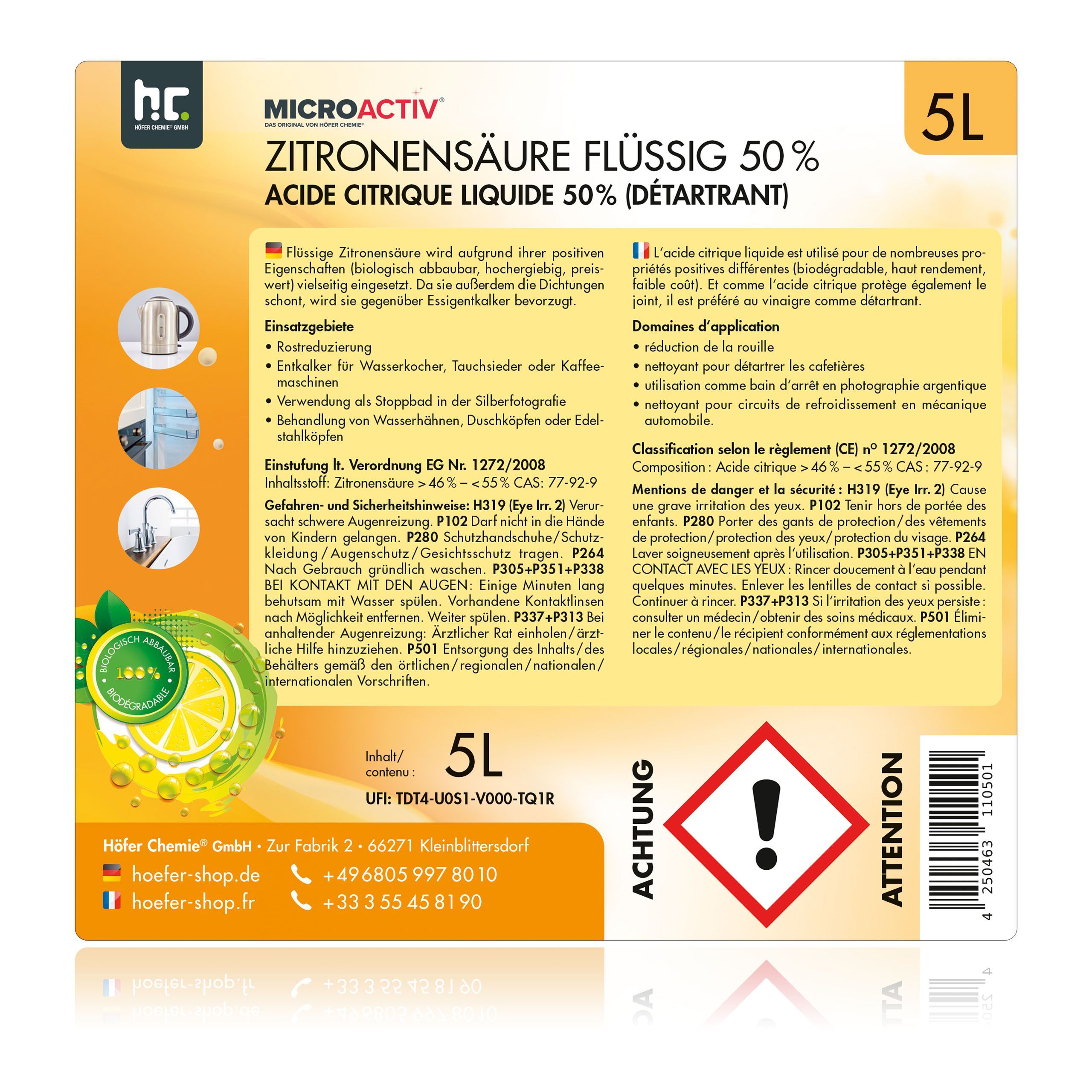 1 x Acide Citrique Liquide 50% Microactiv® détartrant en bidon de 5 L - 5