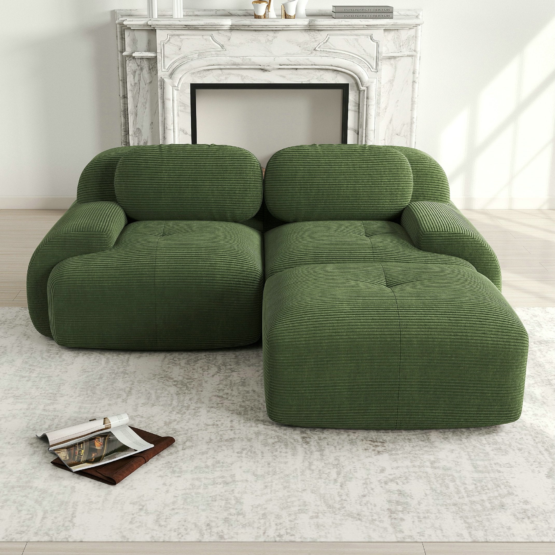 Canapé d\'angle 2 places 208 cm, modulable avec accoudoirs incurvés, antidérapant - pieds élargis – en velours côtelé doux – vert - 2