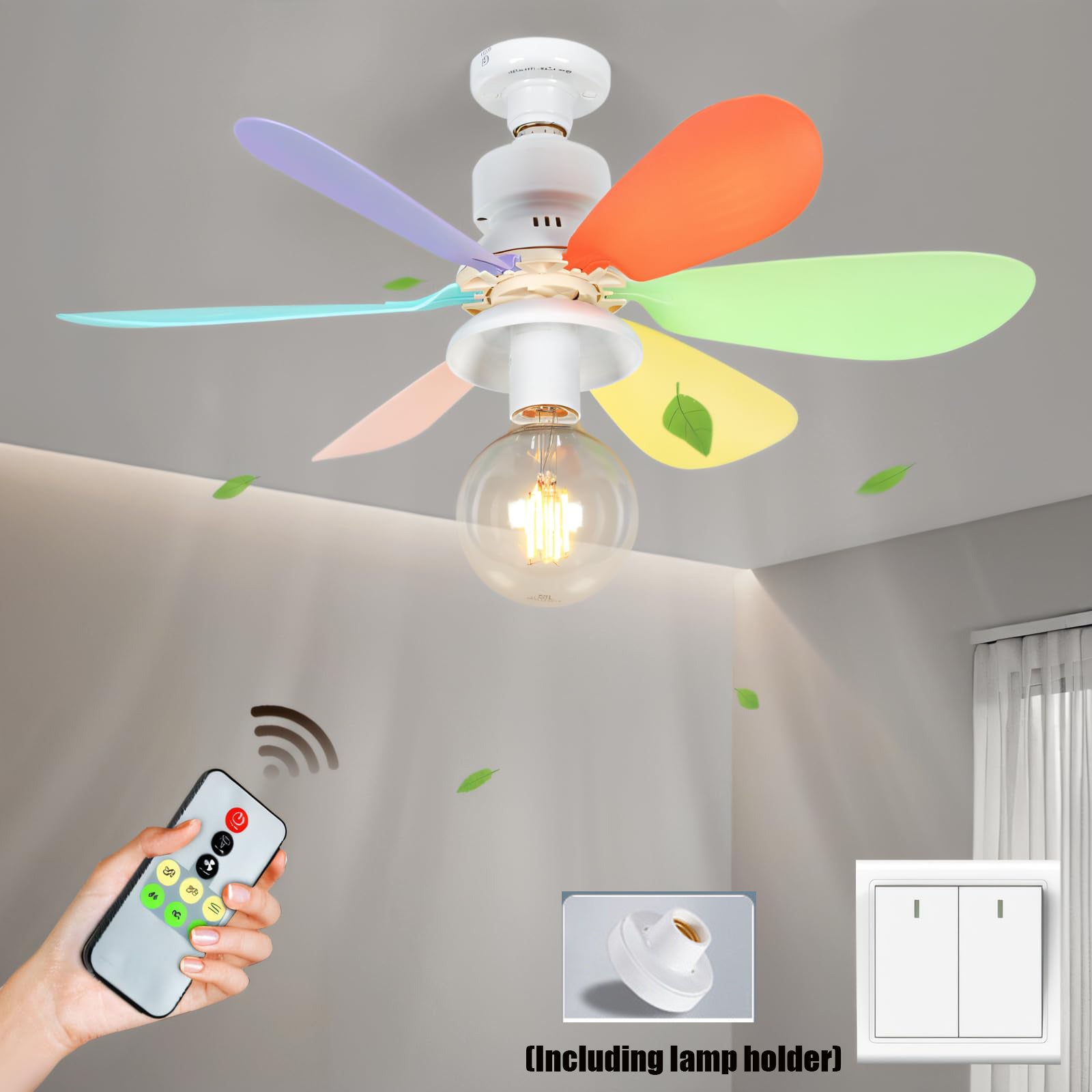 Wentylator sufitowy LED 42 cm z pilotem i gwintem E27, trzy prędkości, łatwy w montażu, do sypialni, wielokolorowy (żarówka nie jest dołączona)