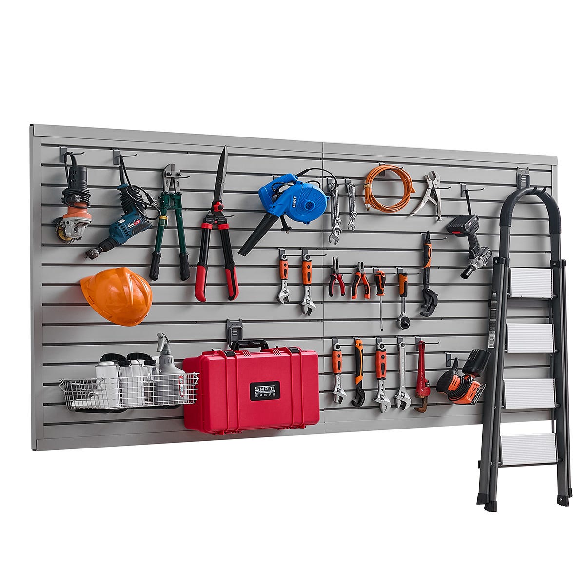 Organizzatore Da Parete Per Garage Waturis 122 Cm - 16 Pezzi Con Ganci Regolabili - Portata 204 Kg - Per Attrezzi Giardino