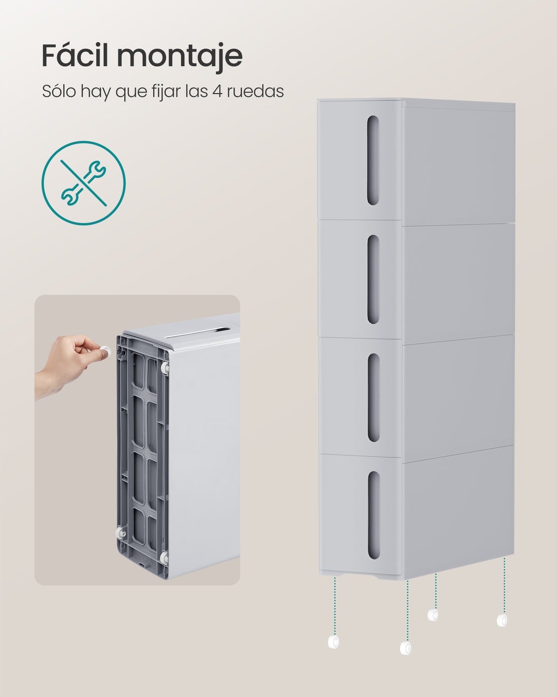 Carrito auxiliar estrecho con 4 cajones, estantería móvil de plástico para baño, 17x45x84 cm, gris - 6