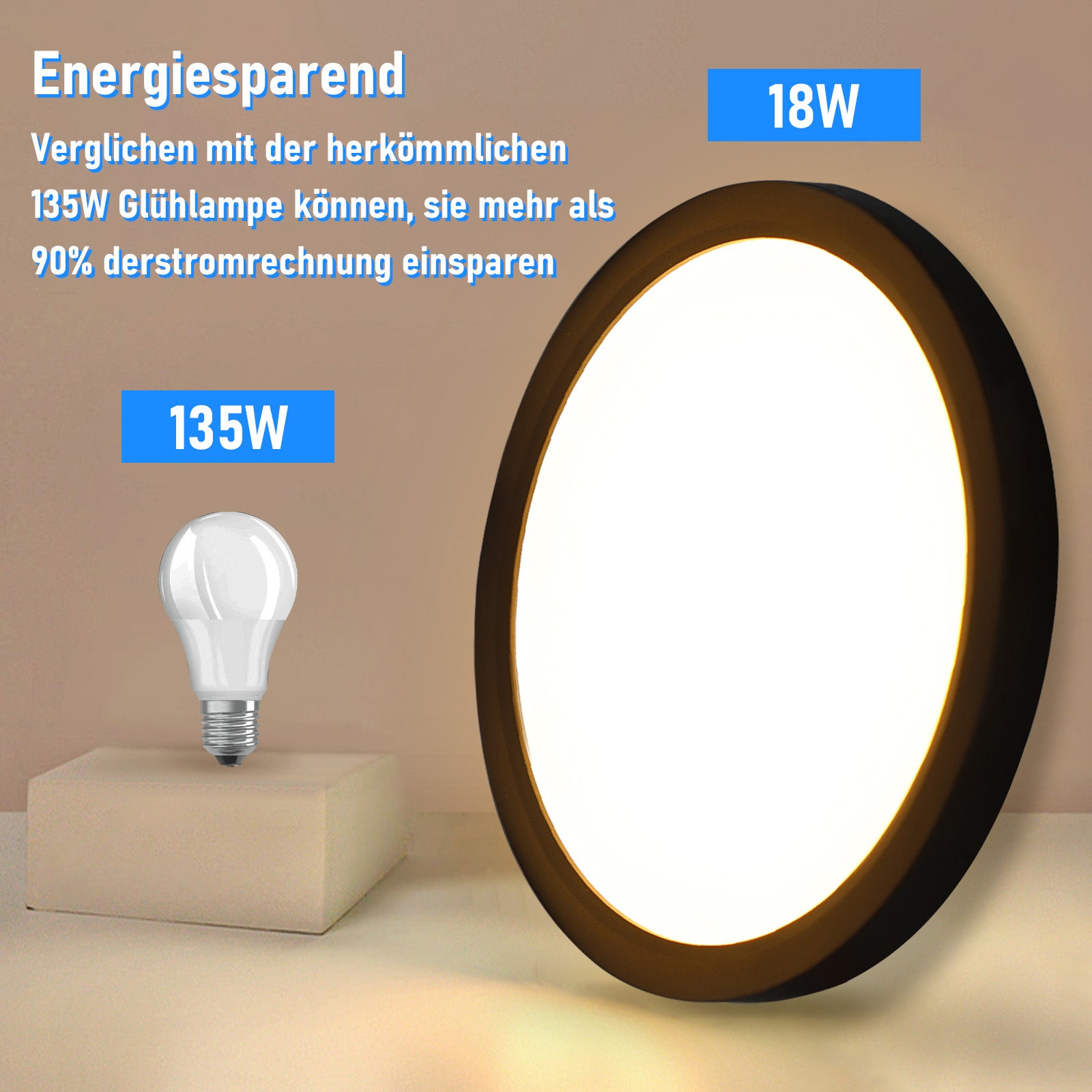 NETTLIFE Lámpara de Techo LED Blanco Frío 15 W Negro Diámetro 22 cm Lámpara Redonda Plana IP44 Lámpara Impermeable Lámpara de para Baño - 3