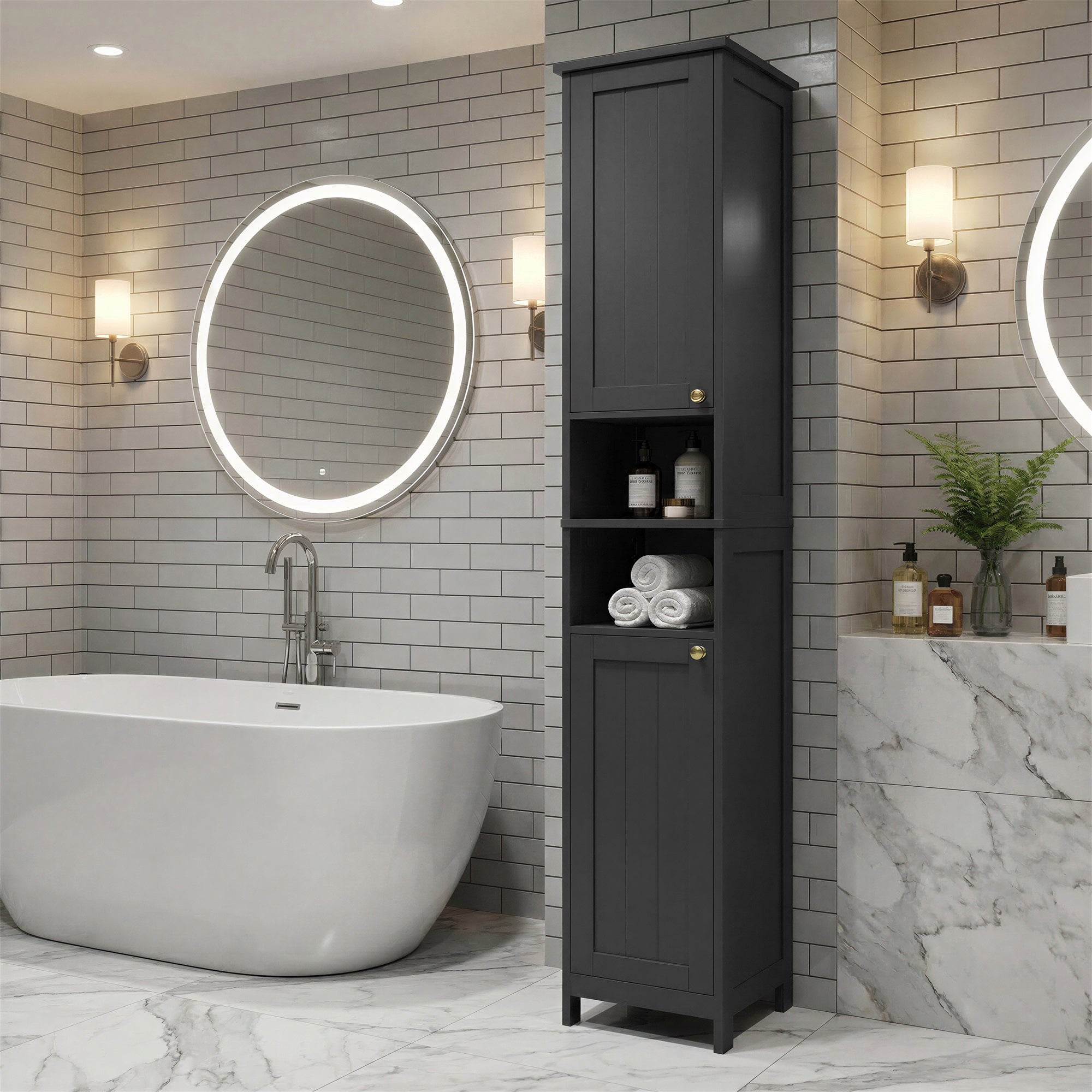 Colonne de Rangement Salle de Bain, Étagères Réglables, Meuble Haut Moderne pour Petits Espaces, Éclairage, Noir - 3