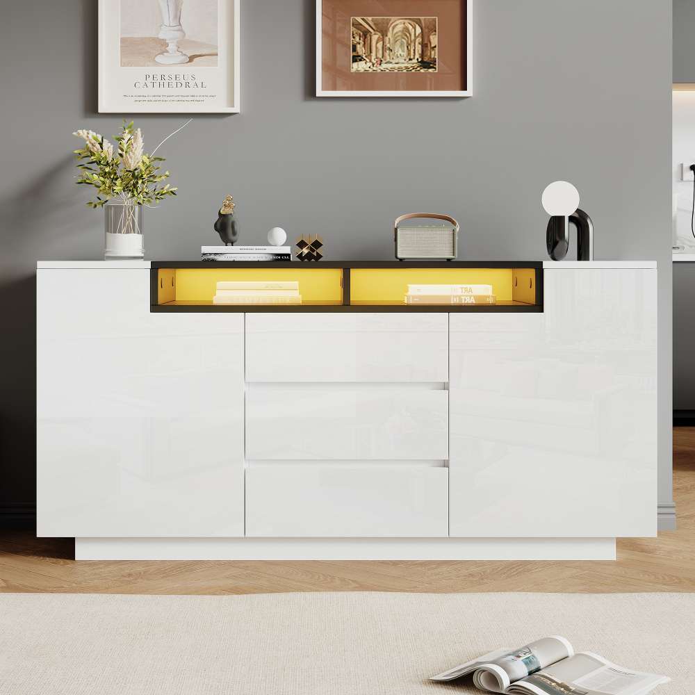 Komoda do salonu 140x40x68cm z oświetleniem LED, 2 drzwi w kształcie litery L, 3 szuflady, regulowane półki, czarno-biała