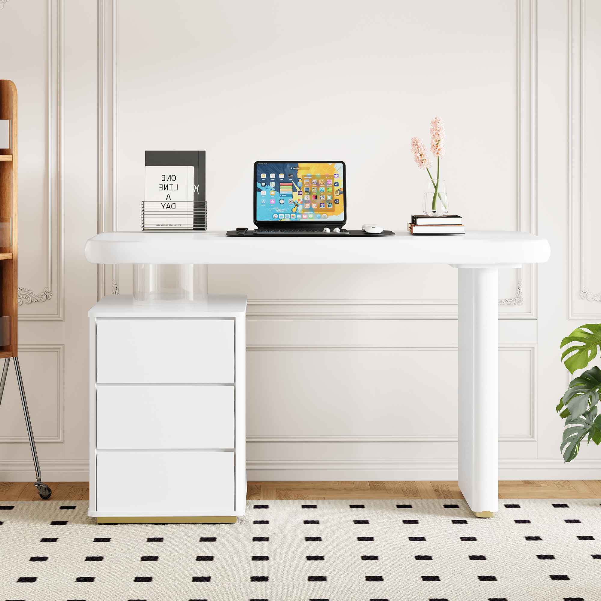 Nowoczesne białe biurko z 3 szufladami, grubym blatem i solidnymi nogami, elegancki, zakrzywiony design do domowego biura