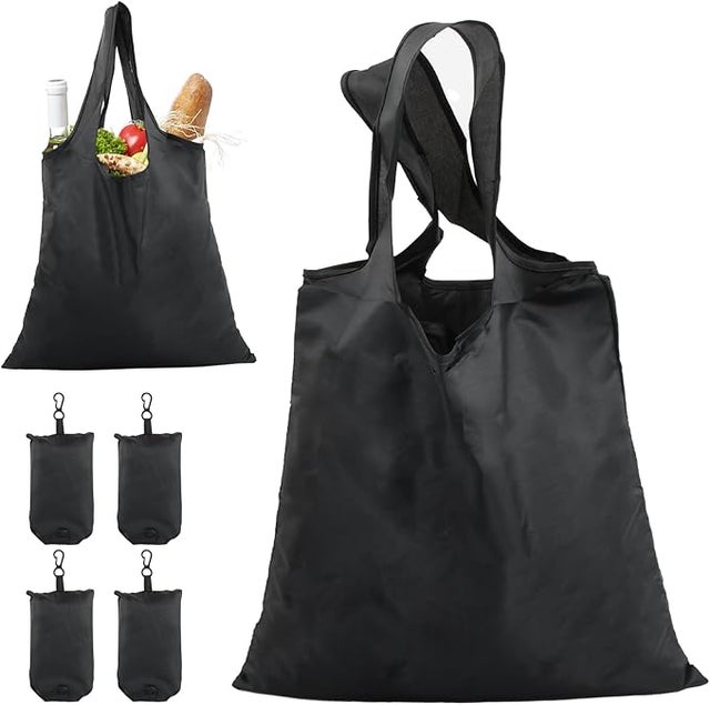 Juego de 4 bolsas de compra plegables reutilizables 48x36,5 cm negras, ligeras impermeables lavables para compra y viaje
