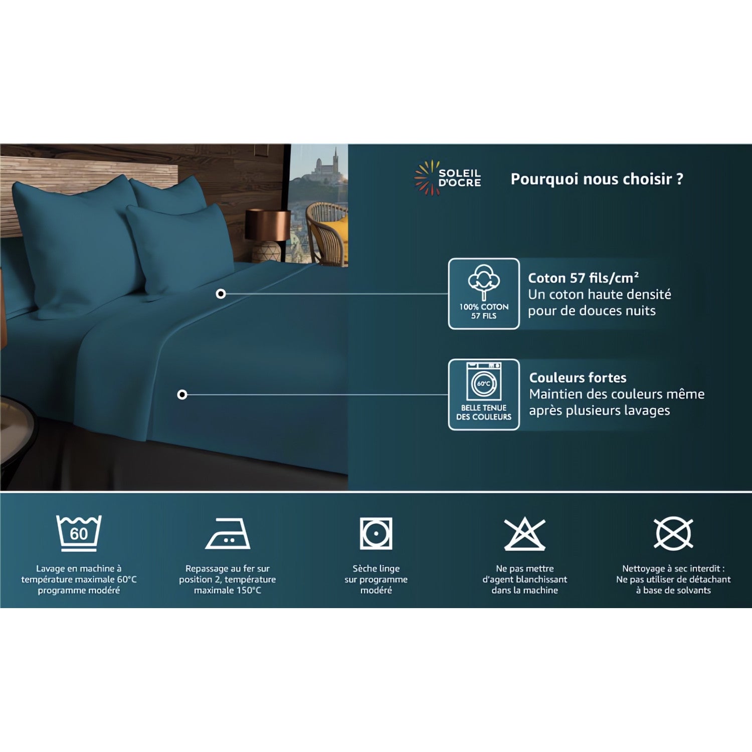 Drap plat en coton 57 fils 180x290 cm UNI vert d'eau, par Soleil d'ocre - 4