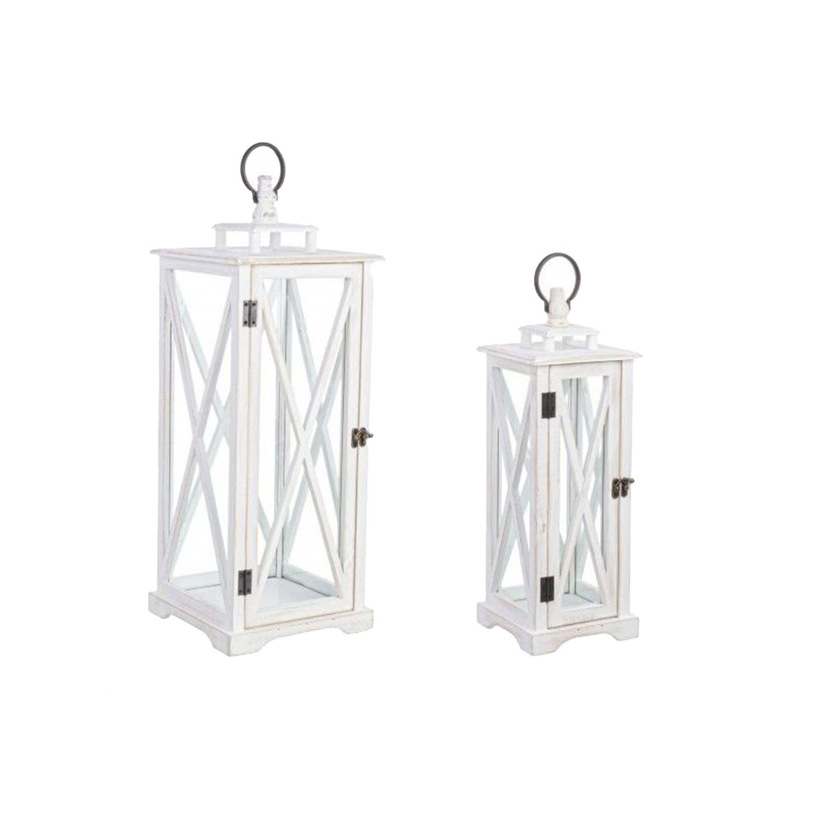Levandeo Set Di 2 Lanterne Antivento In Vimini Bianco - 40 Cm E 31 Cm - Con Inserti In Vetro