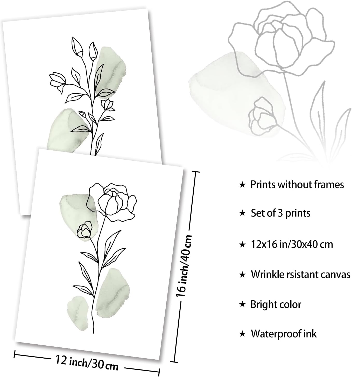 Tableau Décoration Murale Moderne Minimaliste Fleurs en Toile, Art Mural Vintage Vert Sauge, Affiches Florals Aquarelles 30x40 cm Sans Cadre, Lot de 3 - 6