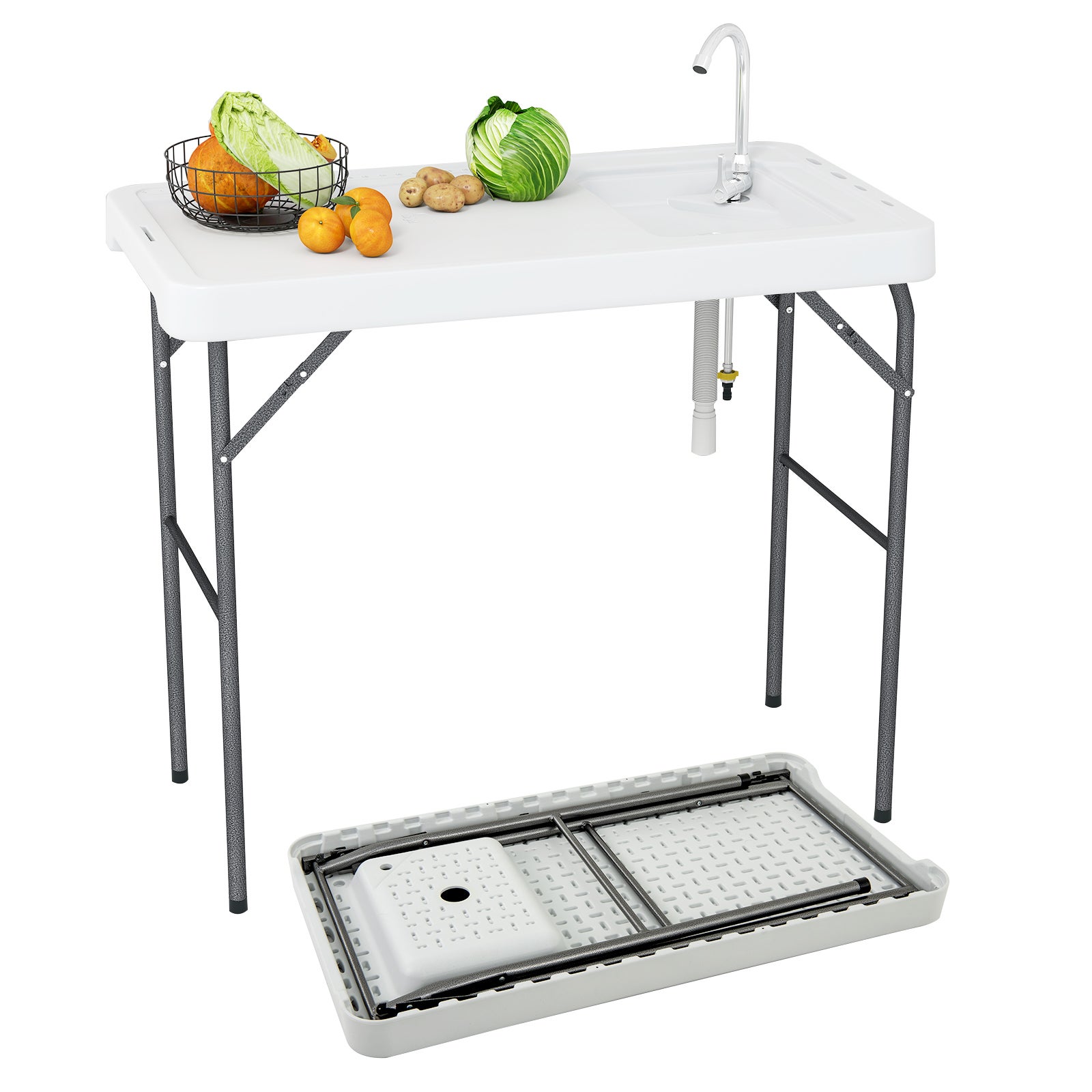 Składany stół do czyszczenia ryb, stół do filetowania z zlewozmywakiem, kranem, wężem odpływowym, na taras i do wędkowania, 108 x 58 x 93 cm