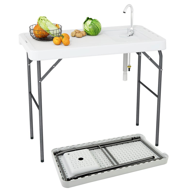 Składany stół do czyszczenia ryb, stół do filetowania z zlewozmywakiem, kranem, wężem odpływowym, na taras i do wędkowania, 108 x 58 x 93 cm