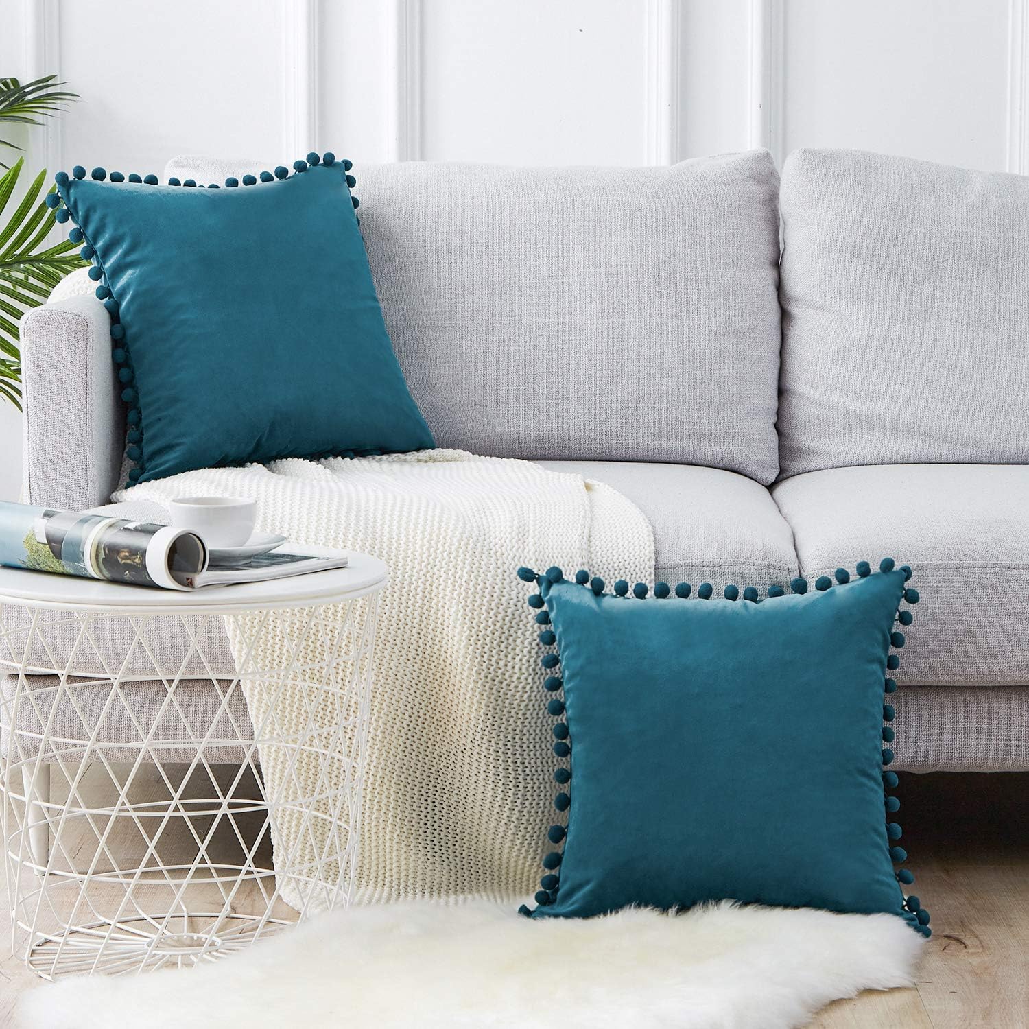 Set of 2 velvet pillows, simple pillowcases, decorative pillow case， 45 × 45 cm，Bleu paon - 7