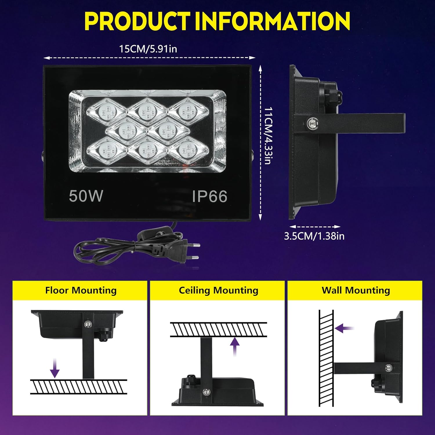 Luce UV LED 50W – Faretto Nera 395-405nm, IP66 Impermeabile Per Feste Fluorescenti E Pittura Del Corpo