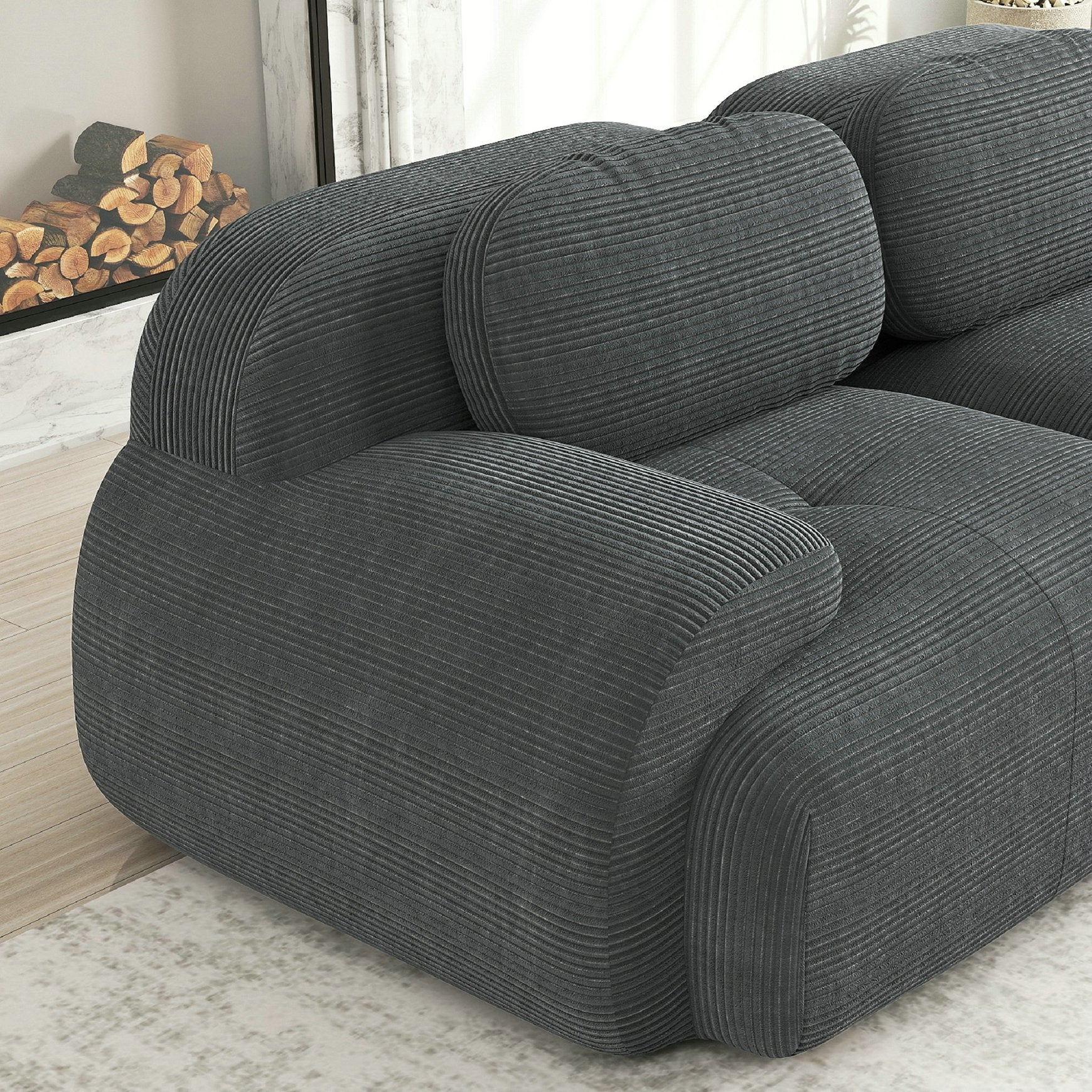 Canapé d\'angle modulable 3 places avec 2 poufs en velours côtelé - Accroupiers extra-larges- Tissu velours côtelé respirant - gris - 4